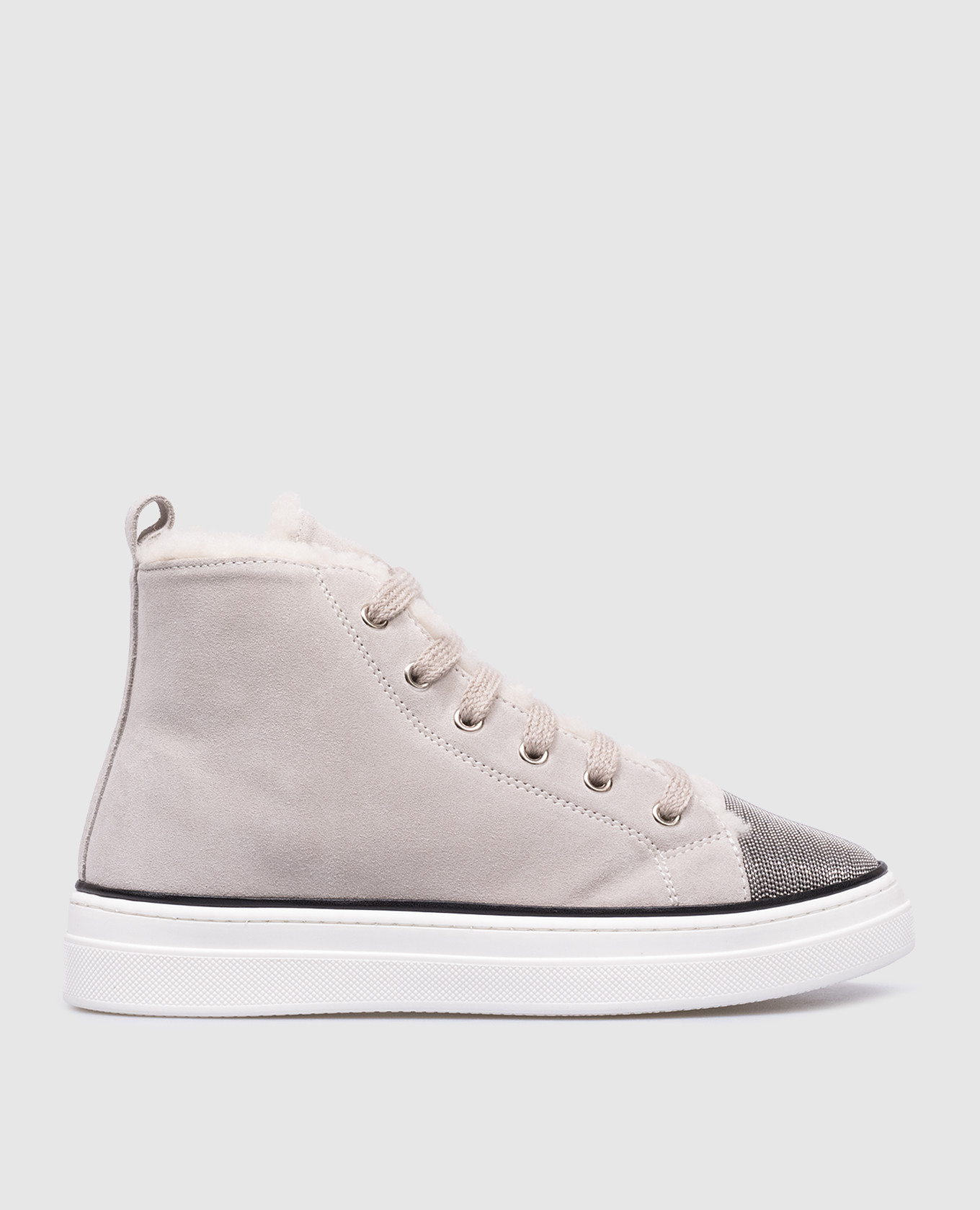 Children's gray suede high top with fur and monil chain brunello cucinelli
