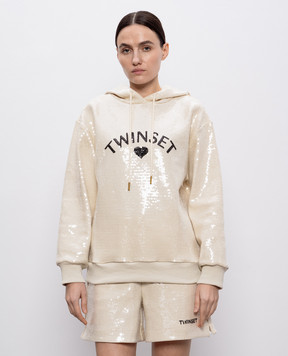 Twinset Beige sequined hoodie with logo 251LL2SAA