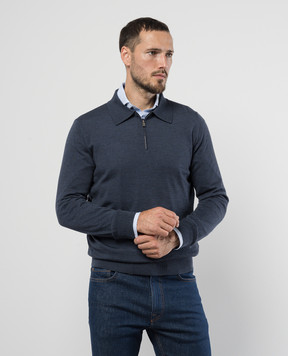 ISAIA Blue melange wool polo with logo embroidery MG8020YP005