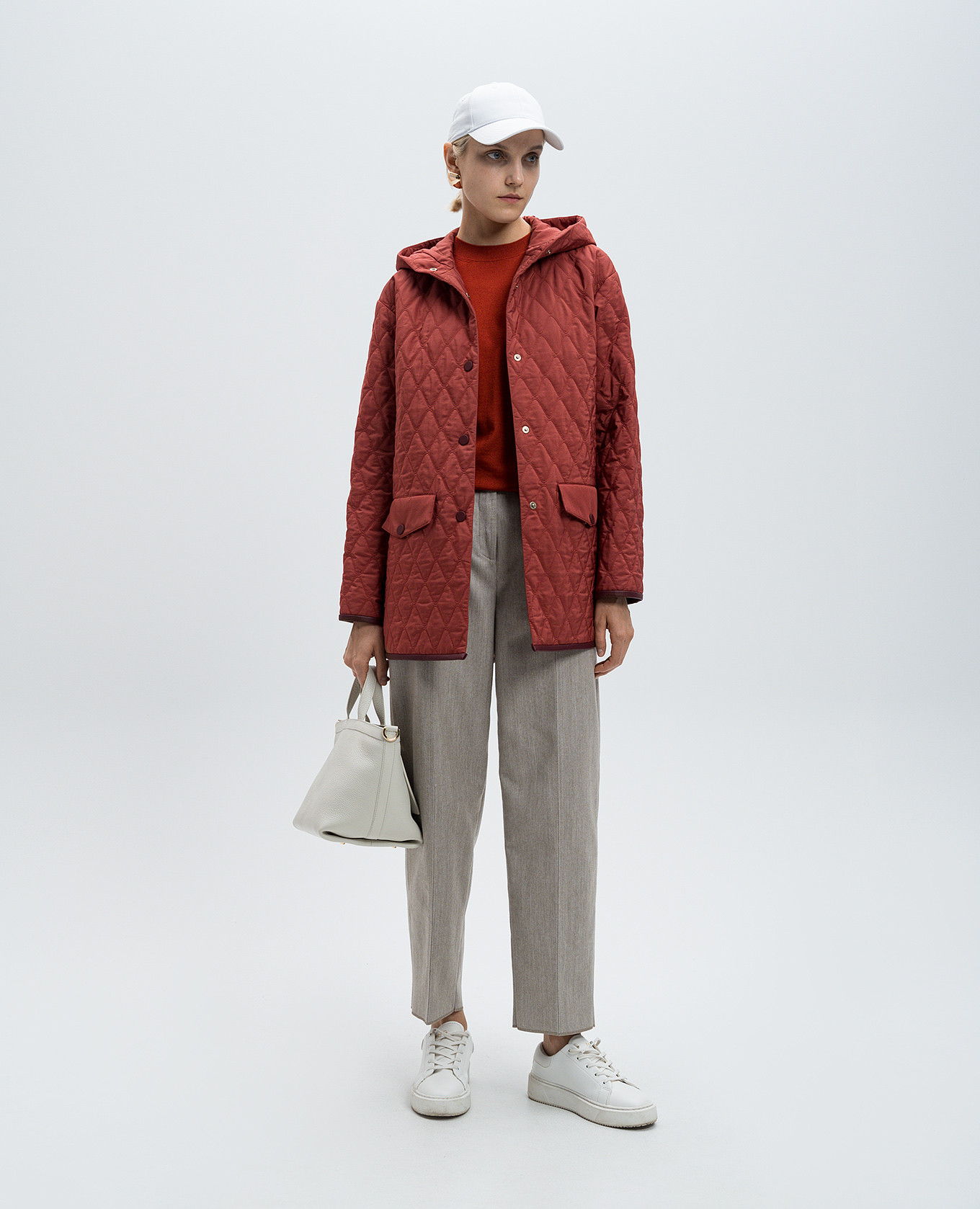 

Burgundy quilted jacket with leather inserts and metal logo Agnona