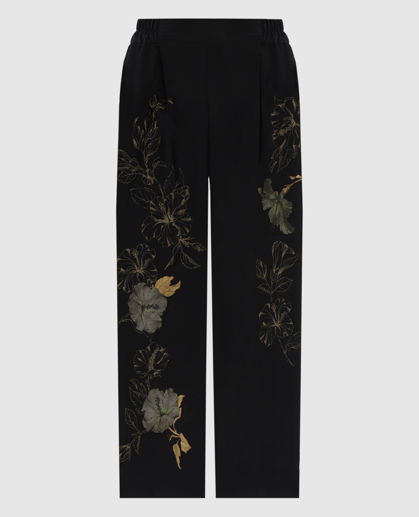 

BANIWA black silk pants with floral print Momoni