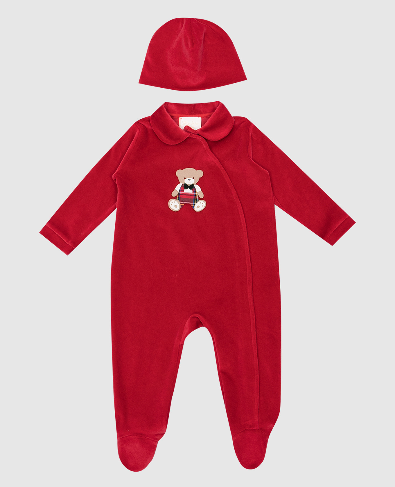 

Children's red velor set of cap and overalls Story Loris