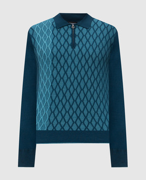 Stefano Ricci Blue wool, cashmere and silk polo shirt with geometric pattern KE04002P30E25362