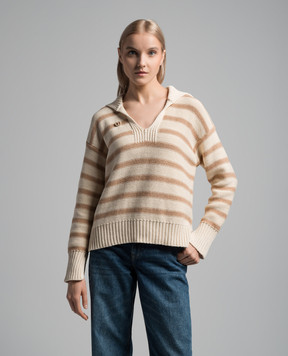 Twinset Beige striped pullover with a brooch 241TP3210