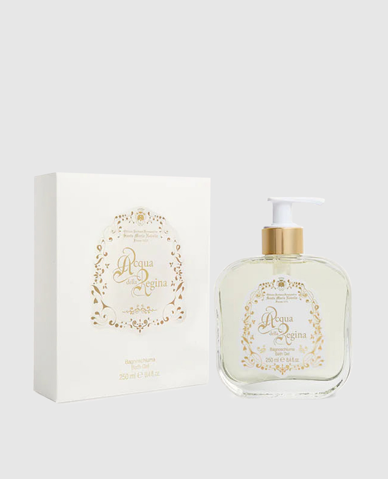 Men's shower gel acqua della regina in a glass container with a dispenser of 250 ml santa maria novella