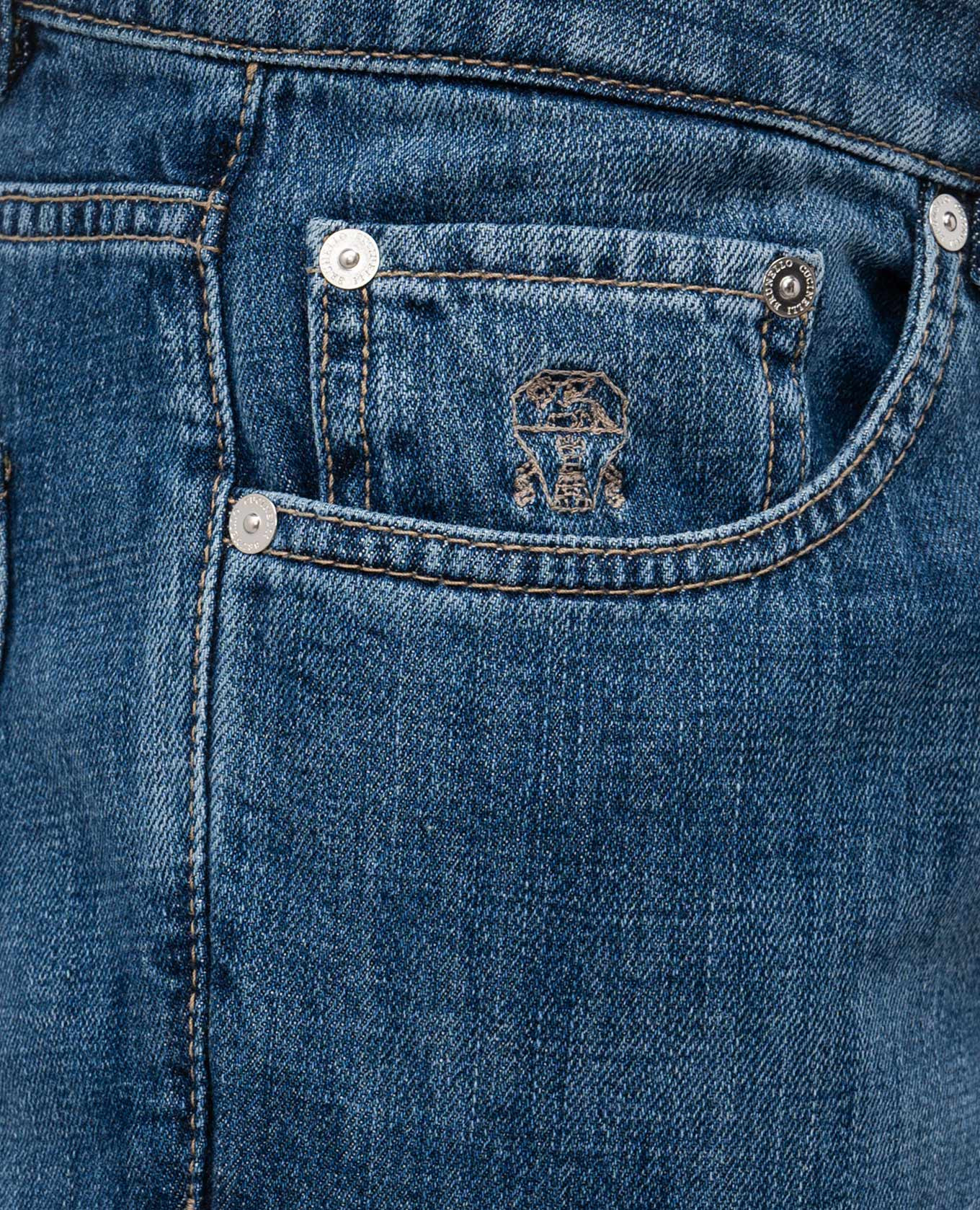 Blue jeans with leather logo patch Brunello Cucinelli 5