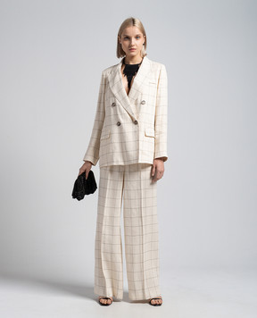 Peserico Beige double-breasted check linen jacket with monil chain S01428U00664