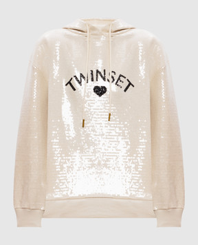 Twinset Beige sequined hoodie with logo 251LL2SAA