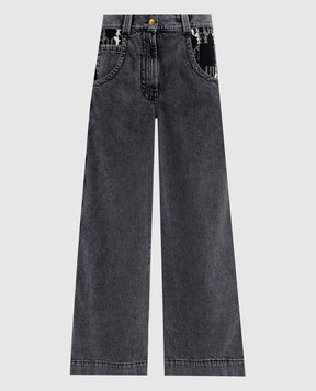 Palm Angels Gray wide leg jeans with a monogram pattern PWYB037F24DEN001