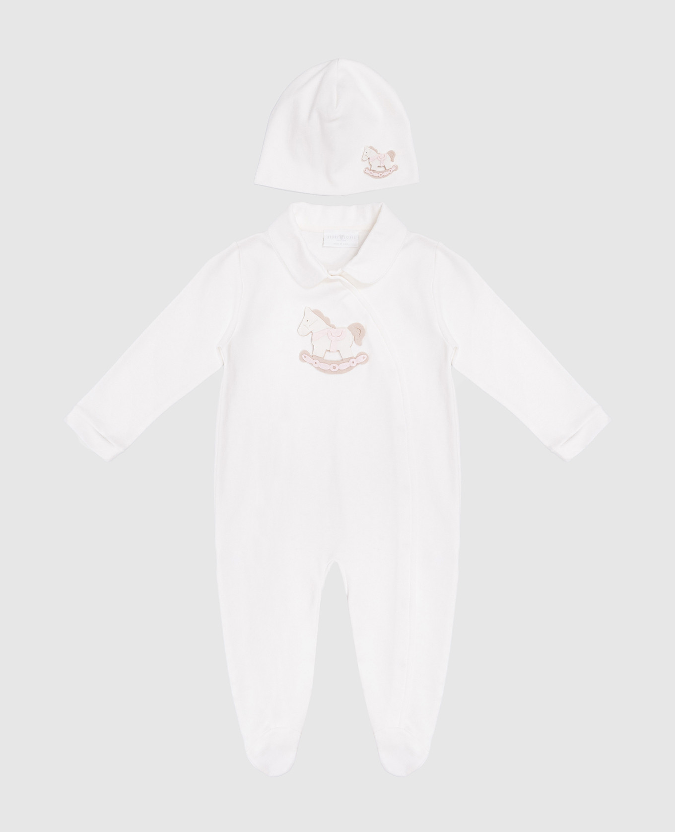 

Children's set of overalls, hats and blankets with appliqué Story Loris, White