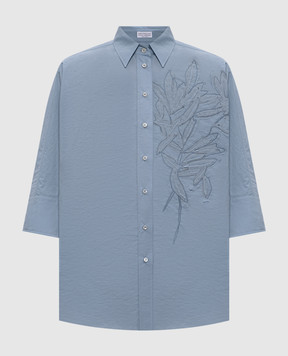 Brunello Cucinelli Camicetta blu con applicazioni floreali M0F79RJ516