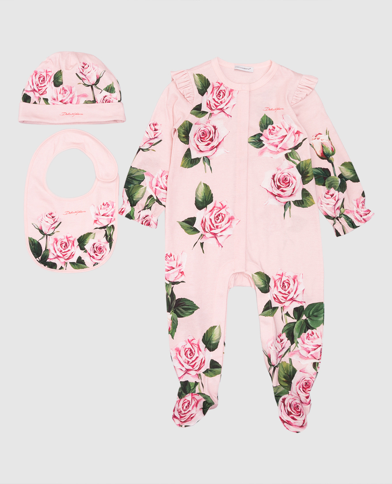 

Children's set of overalls, hat and bib in a floral print Dolce&Gabbana, Pink