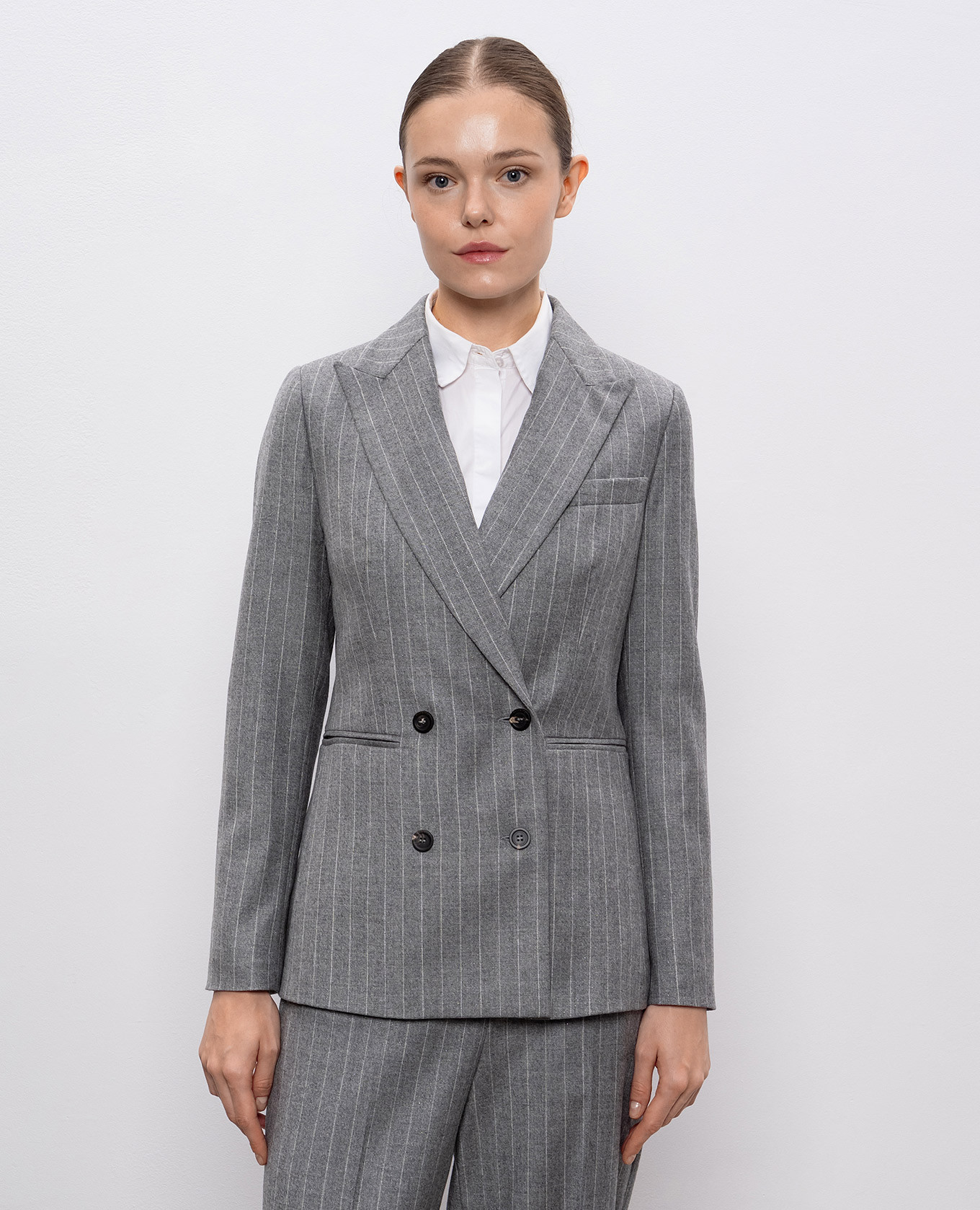 Grey double-breasted striped wool jacket Peserico 3