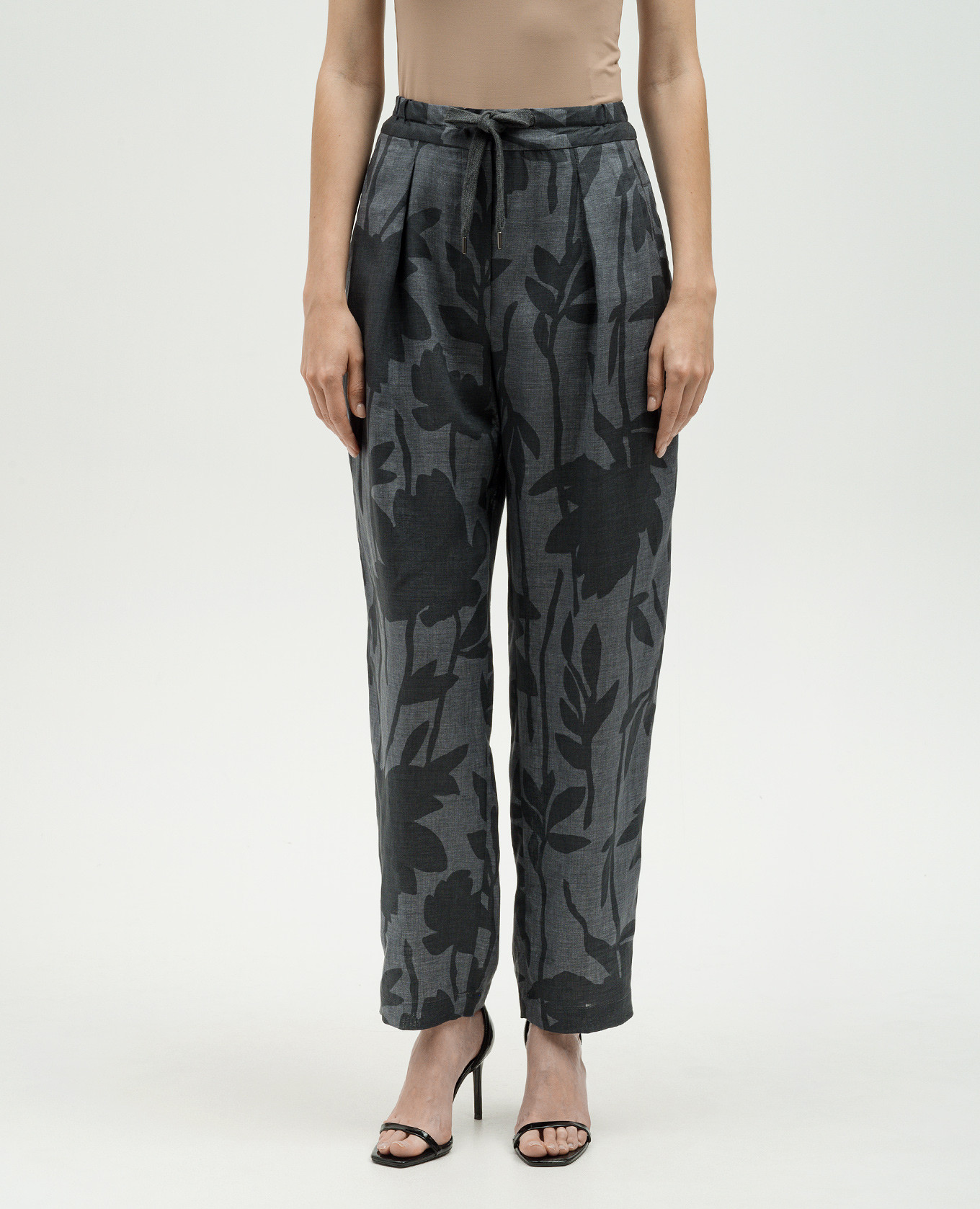 Gray linen pants in a floral print Brunello Cucinelli 3
