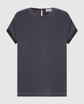Brunello Cucinelli Gray silk top with ecolathuni monil chain M0C59DE310