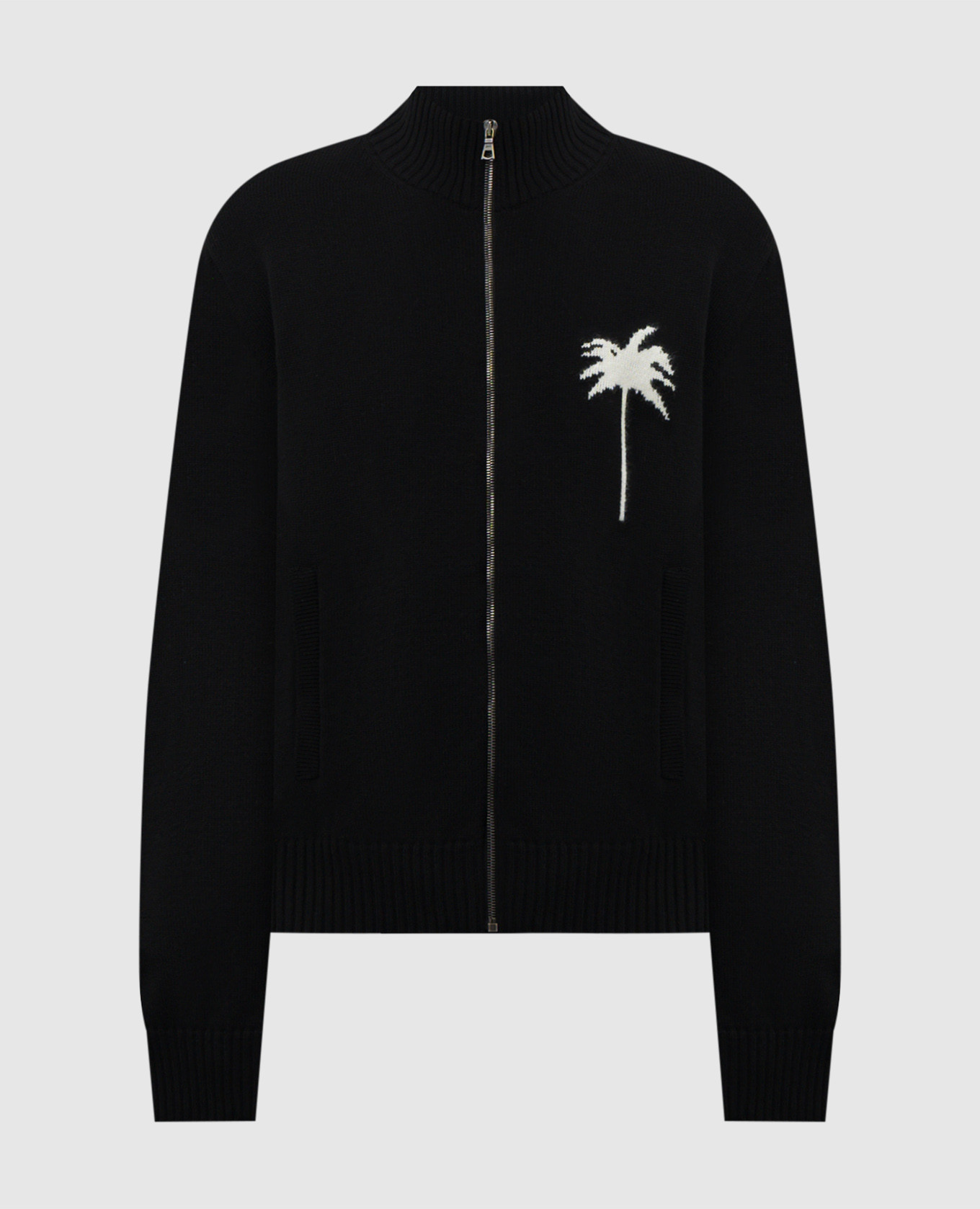 Black merino wool cardigan with woven palm tree pattern Palm Angels
