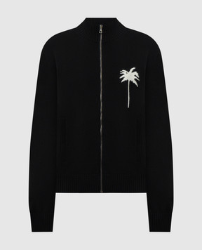 Palm Angels Black merino wool cardigan with woven palm tree pattern PMHA061S25KNI001
