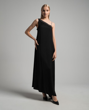 Peserico Black maxi dress of asymmetrical cut with monil chain E0234001940