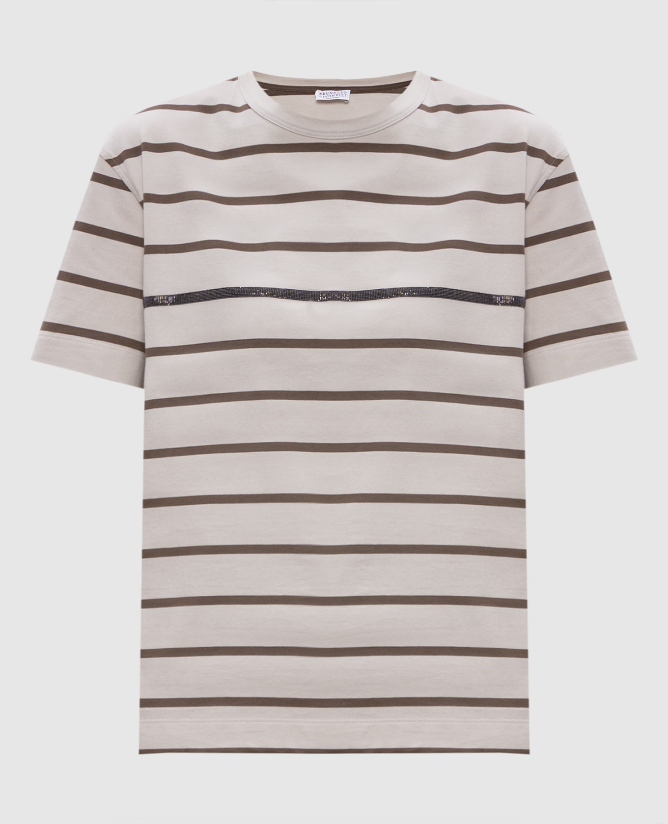 Beige striped T-shirt with monil chain Brunello Cucinelli