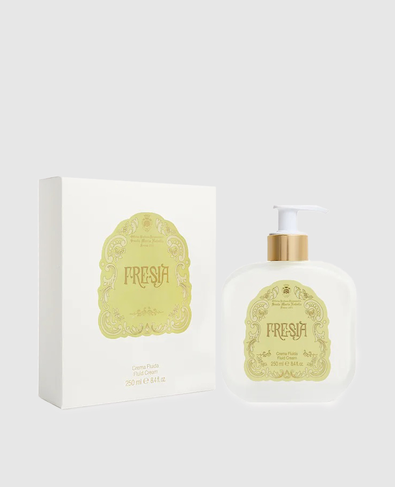 Women's body cream-fluid fresia in a glass container with a dispenser of 250 ml santa maria novella