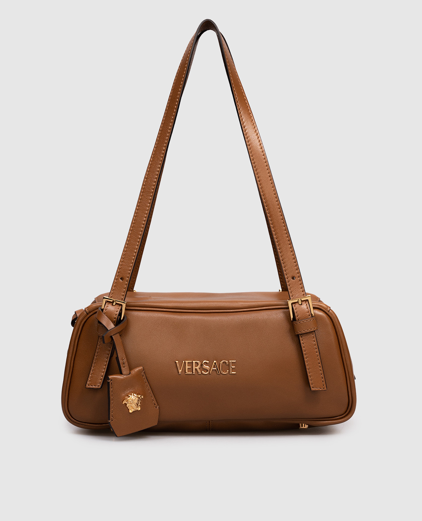 

Brown leather baguette bag Tag Bowling with logo Versace
