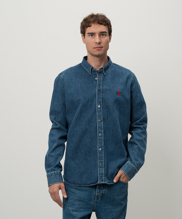 Ami Paris - Blue denim shirt with Ami de Coeur embroidery 