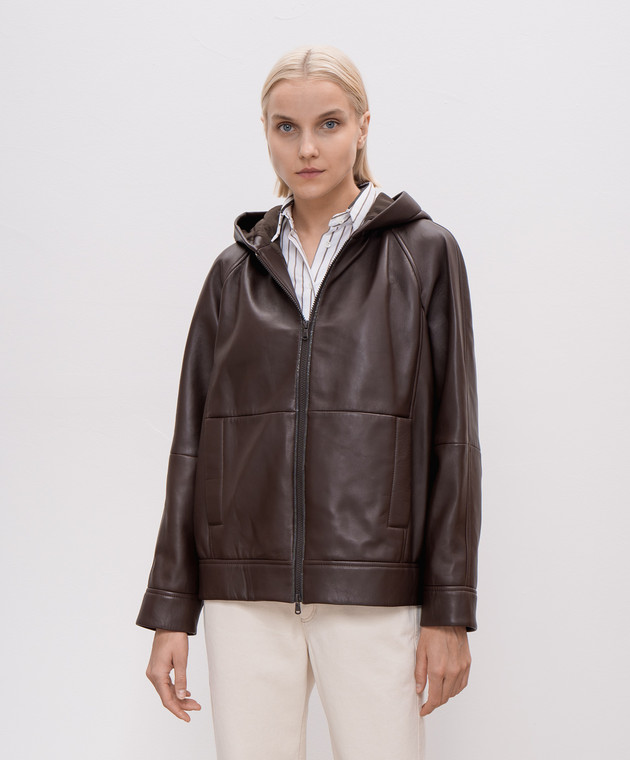 Brunello Cucinelli - Brown leather jacket with monil chain