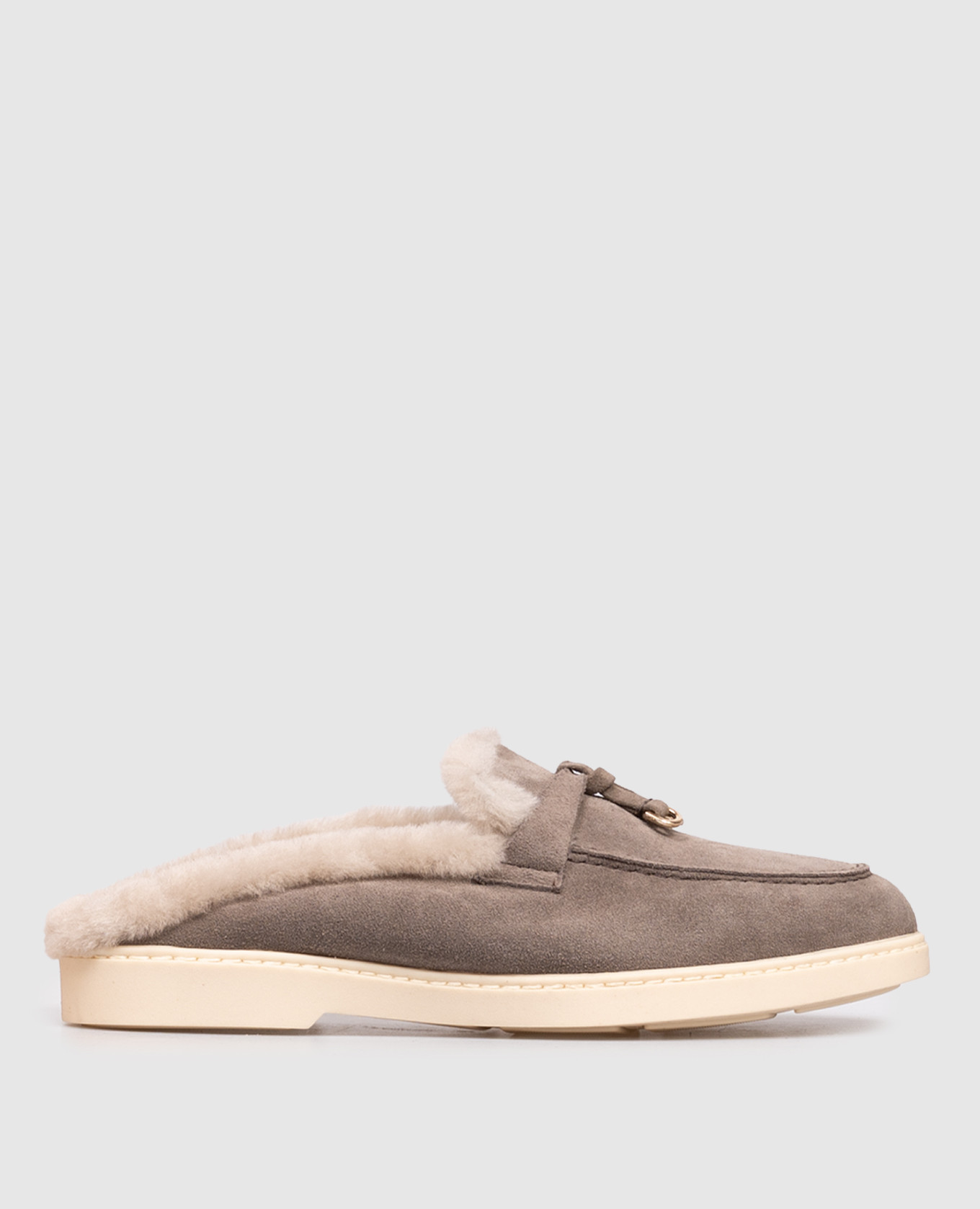 Gray suede mules with fur trim