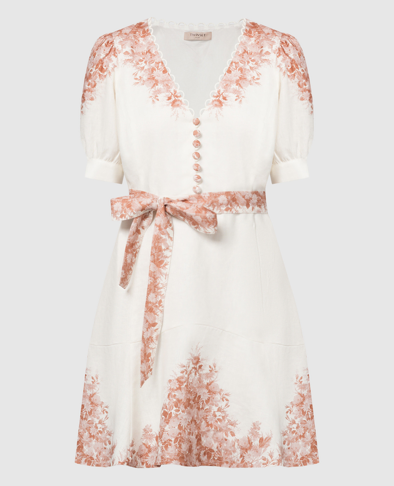 

White linen dress in a floral print with a belt Twinset