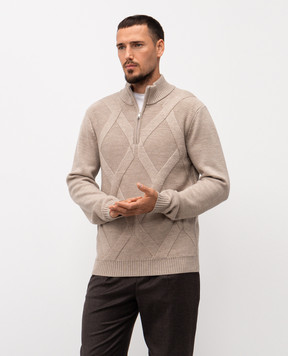 Cashmere&Whiskey Beige merino wool sweater with geometric pattern CH06