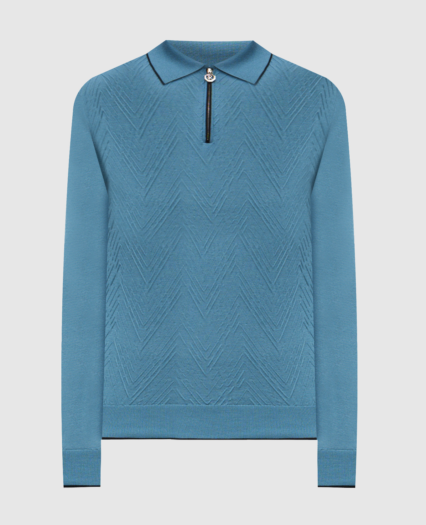 Blue cashmere and silk patterned polo shirt