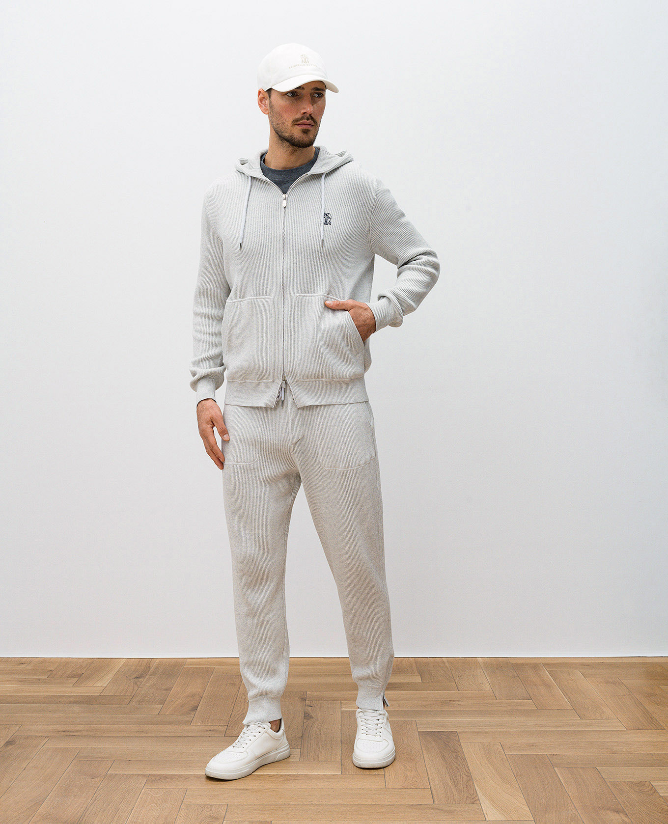 Grey ribbed joggers with embroidered logo emblem Brunello Cucinelli 2