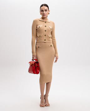 Balmain Beige ribbed midi skirt with branded rivets EF1LD022KI10