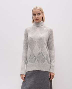 Brunello Cucinelli Gray sweater made of wool in a geometric pattern with sequins MCM518803
