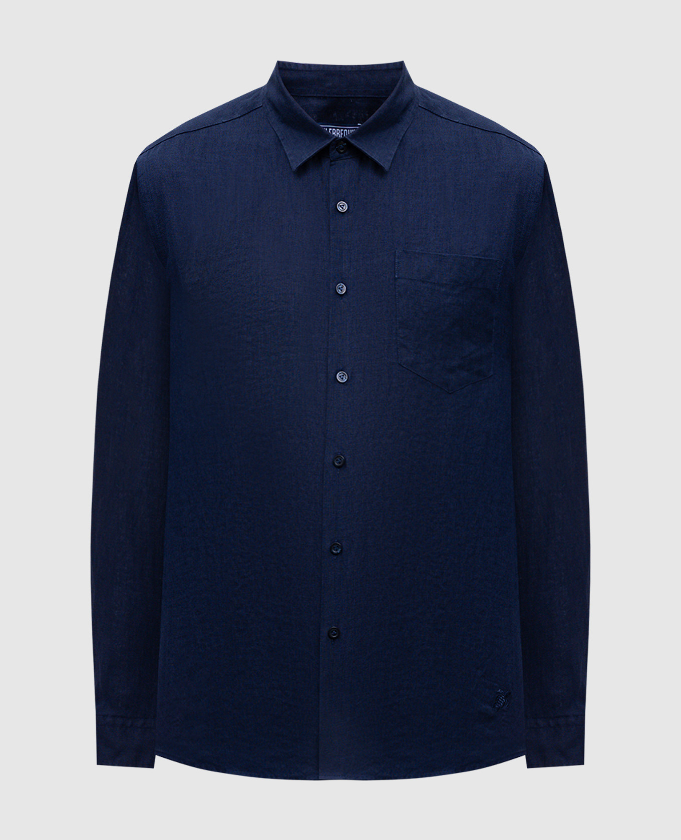 Blue linen shirt with embroidered logo emblem