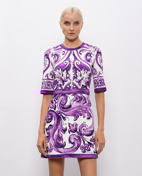Dolce&Gabbana White linen mini dress with Majolica print F6TSUTFP9AK