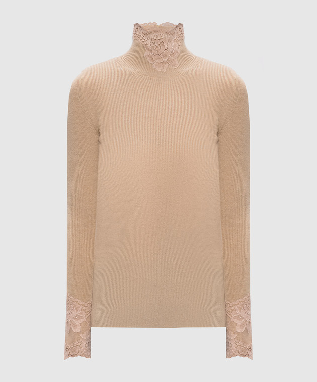 Valentino - Beige cashmere turtleneck with lace 7B0KC68L9QT - shop