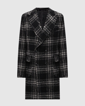 Exibit Black double-breasted coat with checked wool CPD820