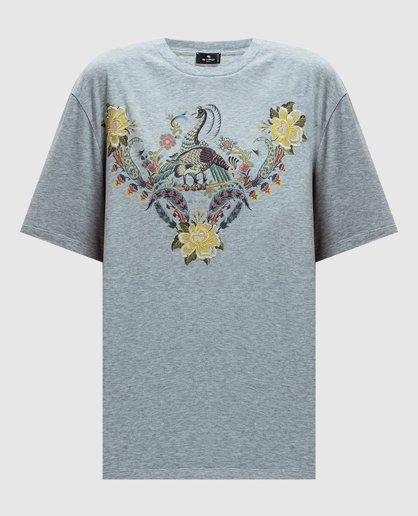 Gray melange t-shirt with floral print and embroidery etro