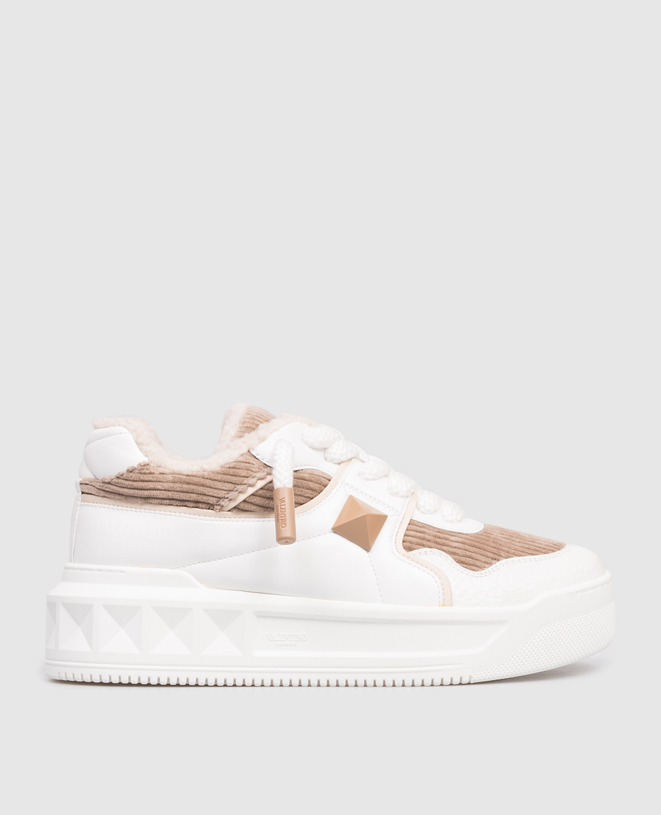 White One Stud XL Fur-trimmed Sneakers Valentino