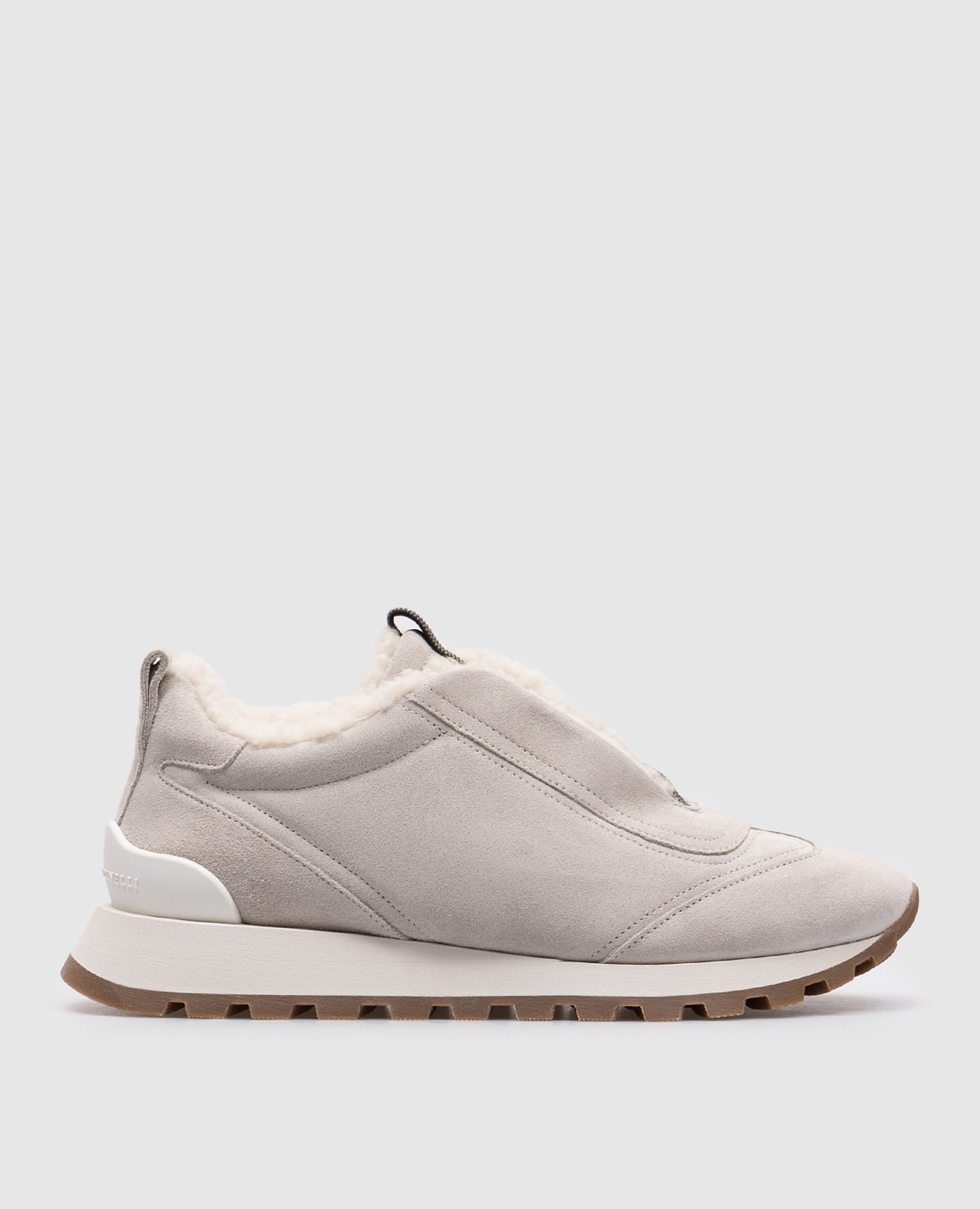 Gray suede sneakers on fur with monil chain brunello cucinelli
