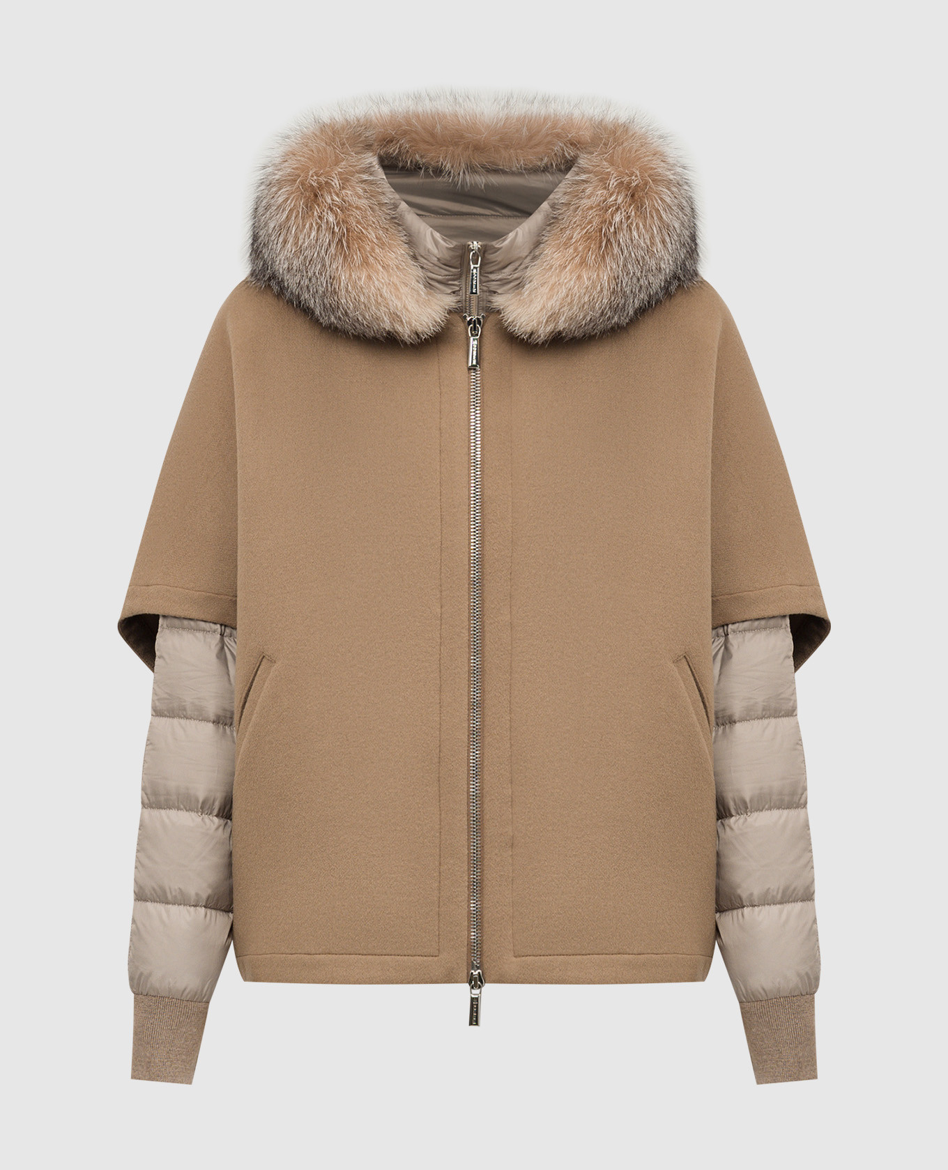 Beige fox fur down jacket with a detachable wool and cashmere vest moorer