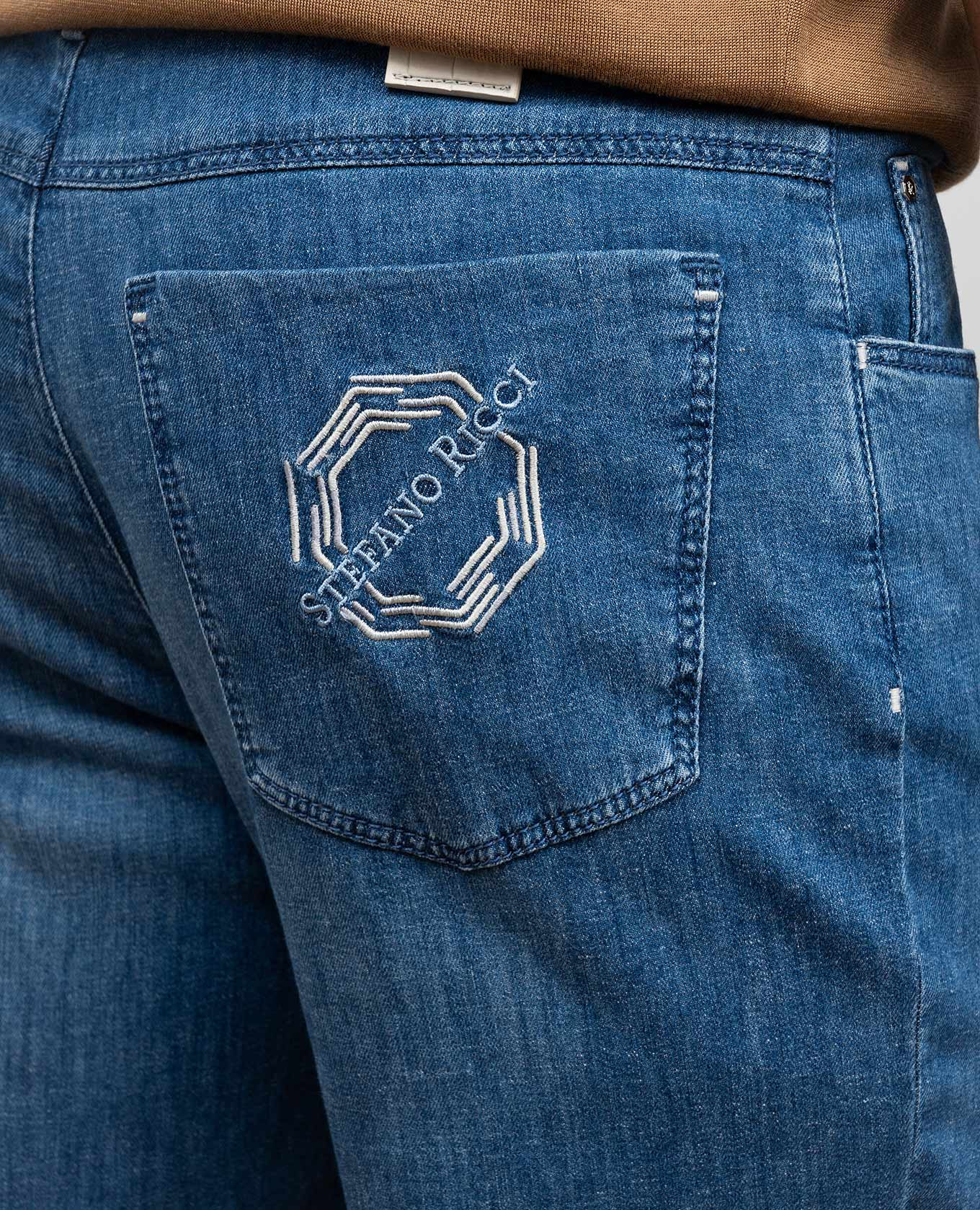

Blue linen jeans with logo embroidery Stefano Ricci