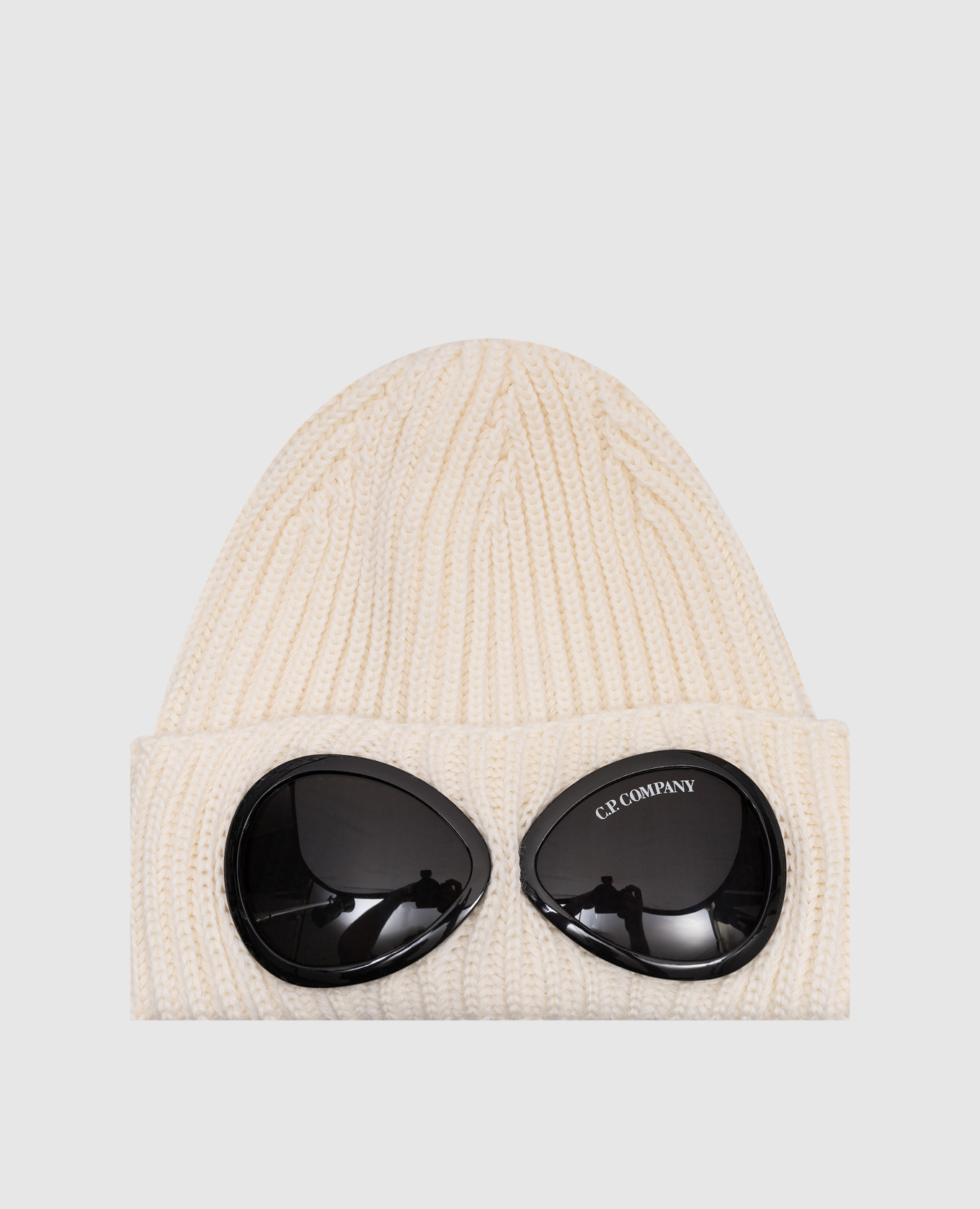 

A white wool cap with glasses C.P. Company