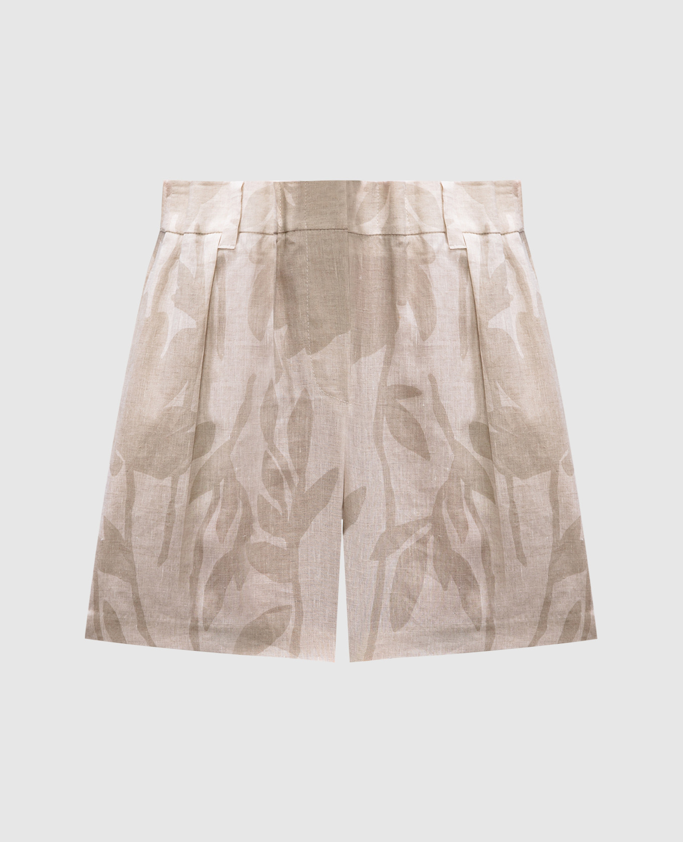 Beige linen shorts with a floral pattern