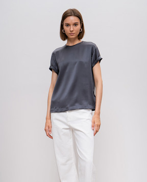Brunello Cucinelli Gray silk top with monil chain MPC59DE310