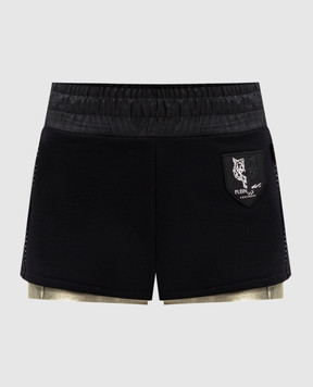 Plein Sport Black jump down shorts with logo patch WJT0126