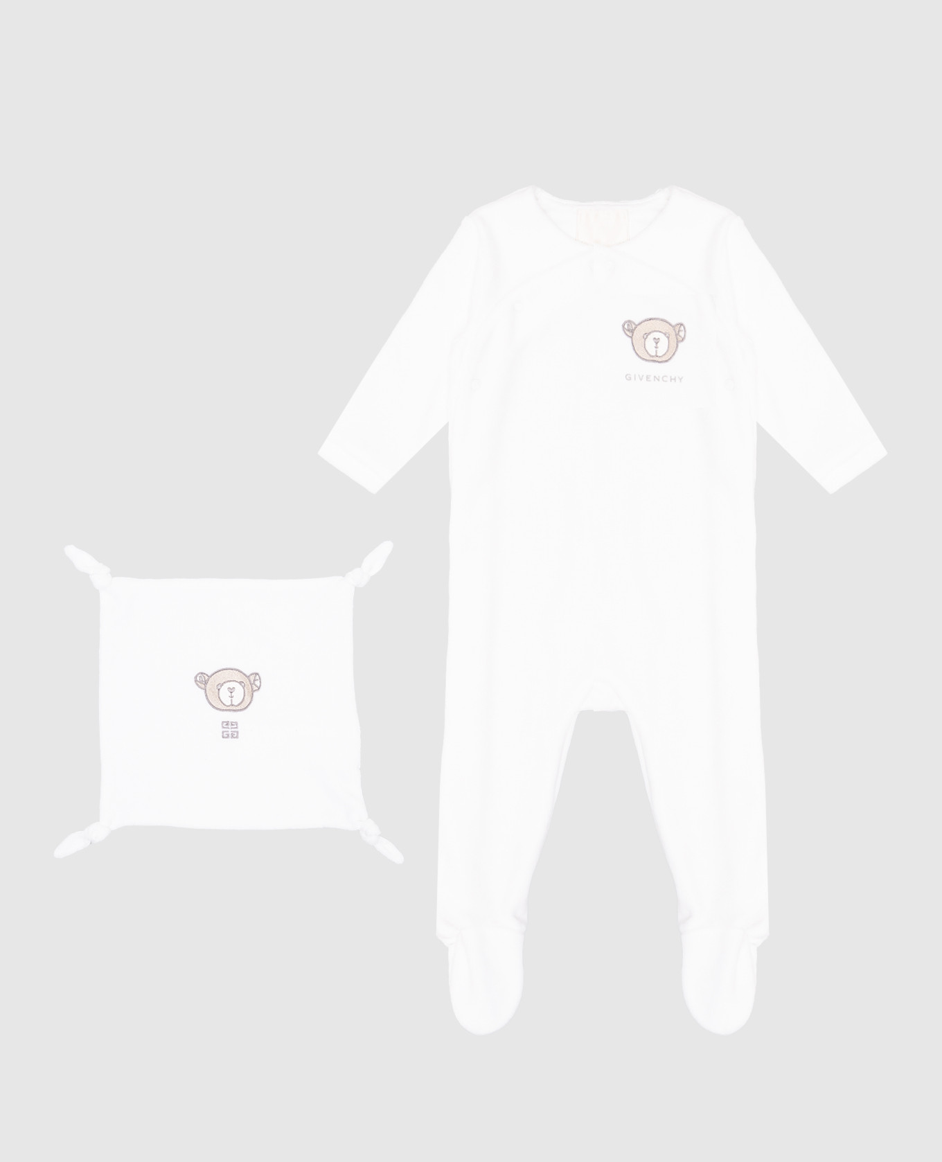 Children&#39;s white velor set of overalls and handkerchief with patch Givenchy