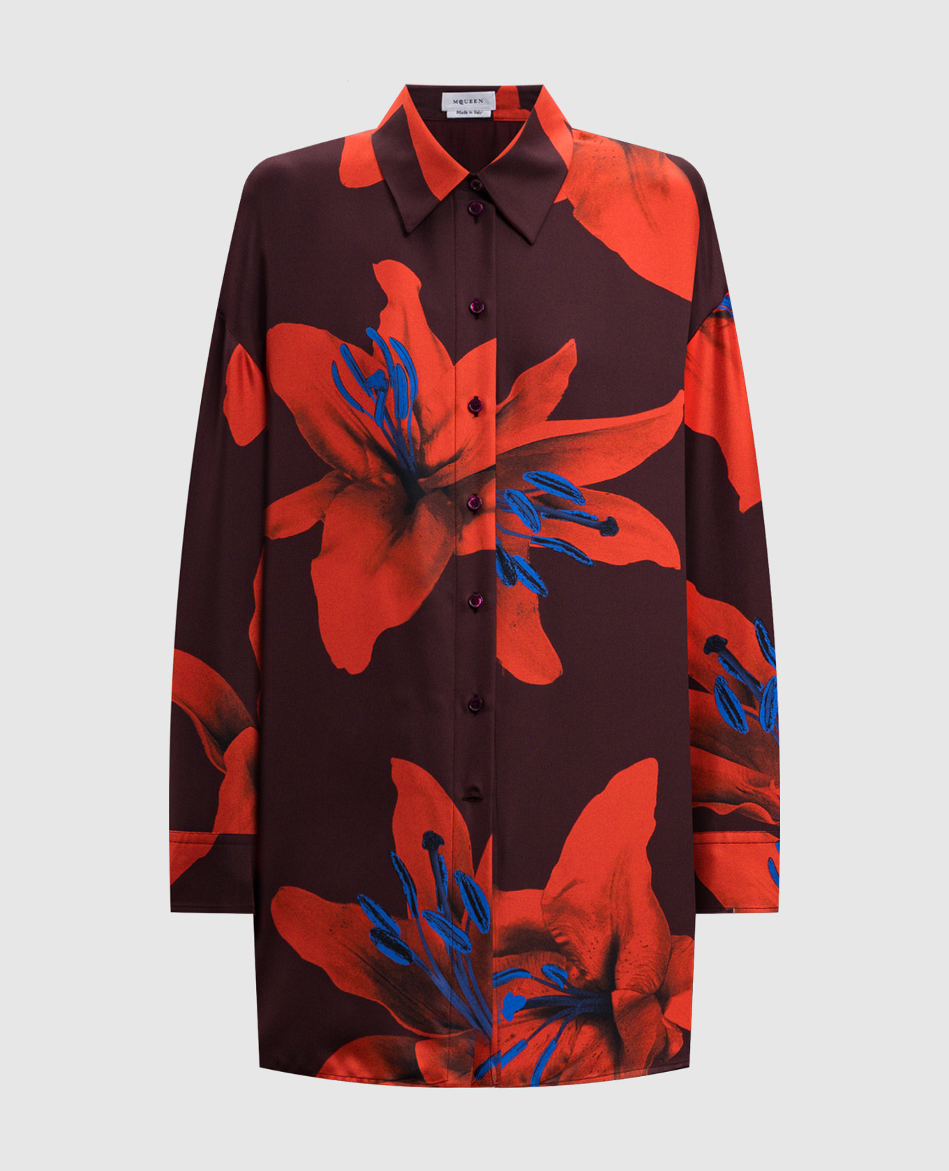 

Flame Lily burgundy silk blouse with floral print Alexander McQueen