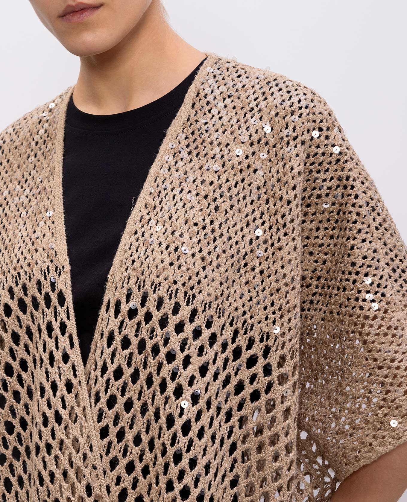 Beige openwork cardigan made of silk and linen with sequins Brunello Cucinelli 5